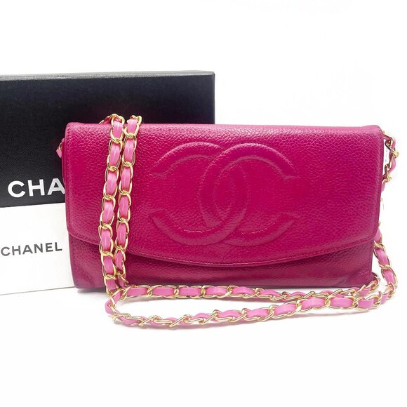 Authentic CHANEL Caviar Classic Leather Wallet Chain Flap Pink Purse Crossbody - Picture 1 of 16